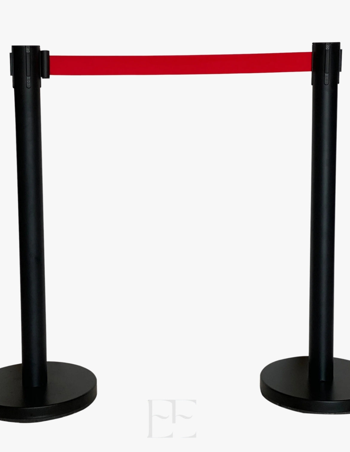 A222 Black Queue Manager Barrier with Red Retratable 5ft Belt Set of 2 Poles with Red Belt
