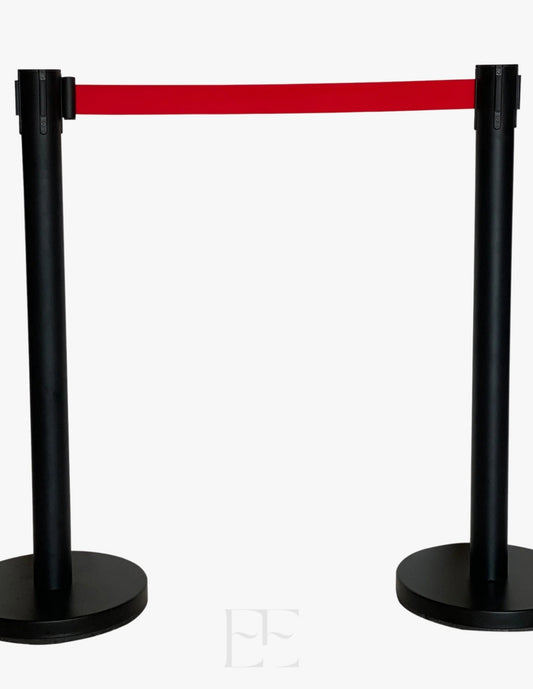 A222 Black Queue Manager Barrier with Red Retratable 5ft Belt Set of 2 Poles with Red Belt