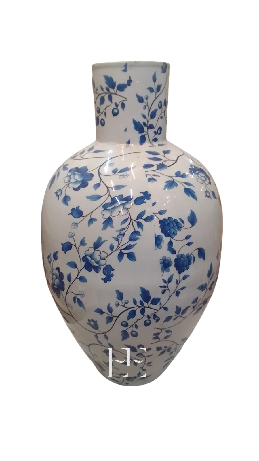 A276 Blue and White Floral Print Metal Vase