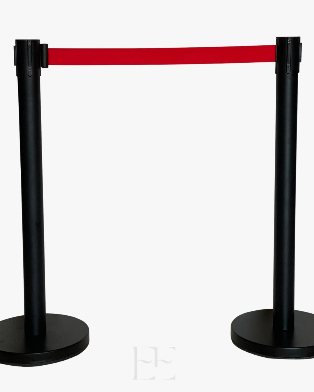 A222 Black Queue Manager Barrier with Red Retratable 5ft Belt Set of 2 Poles with Red Belt