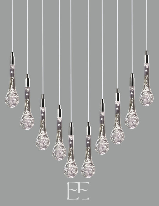 A256 Chrome and Clear Acrylic LED Pendant Light set with teardrop bubble design Set of 10