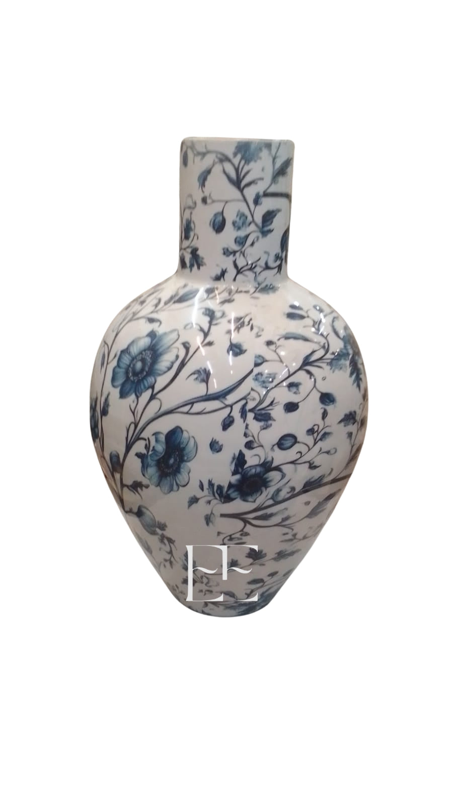 A276 Blue and White Floral Print Metal Vase