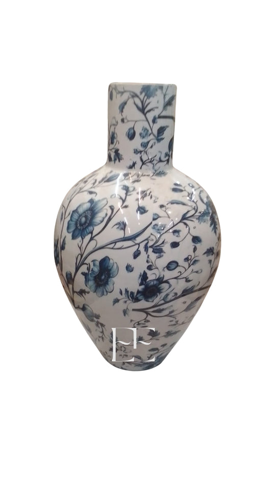 A276 Blue and White Floral Print Metal Vase